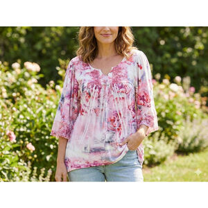 Energe world wear sz Large Pink & White Floral Tunic Top L Y2K Embroidered